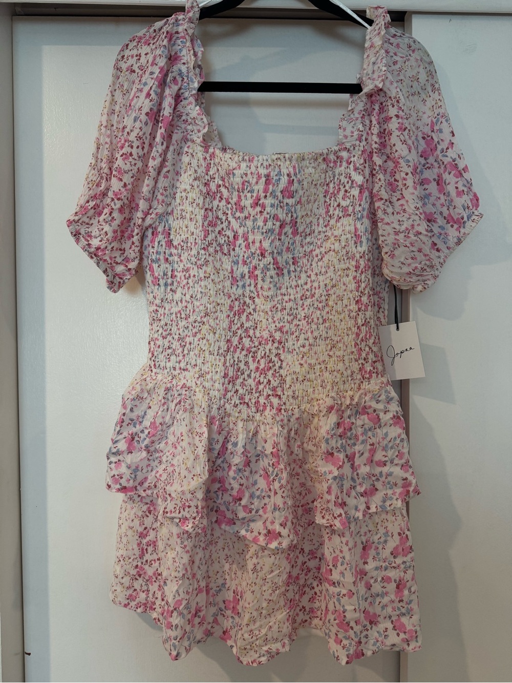 Japna Cream and Pink Floral Smocked Ruffle Top